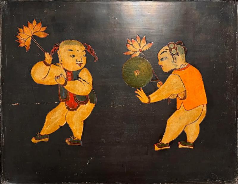 Antique Chinese Oil Painting on Black Lacquered Board