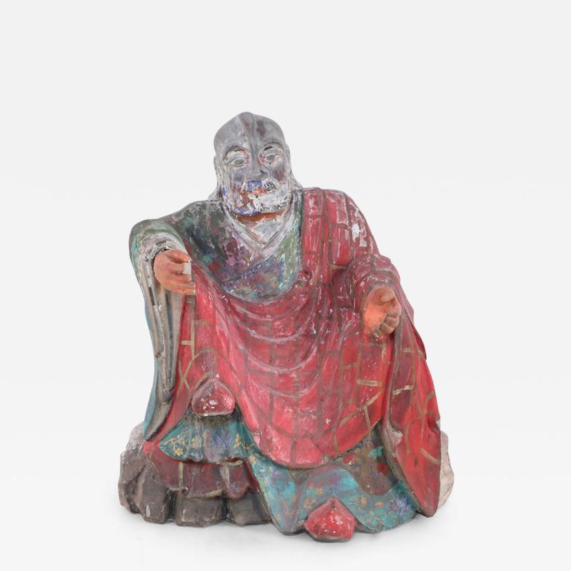 Antique Chinese Painted Clay Buddha Statue with Red Robes