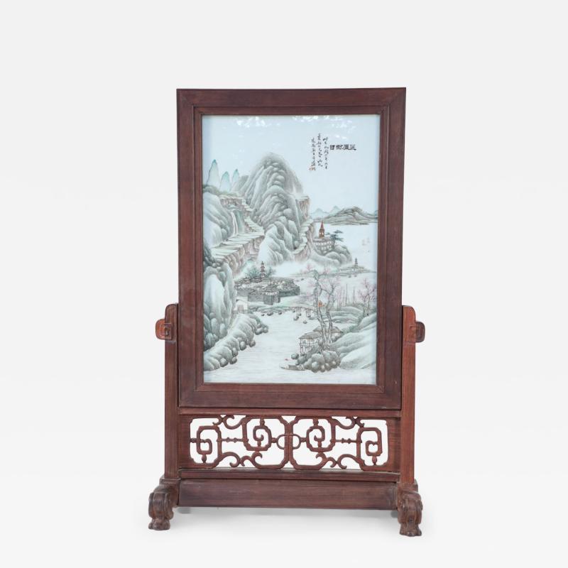Antique Chinese Painted Porcelain Plate and Wood Vanity Mirror