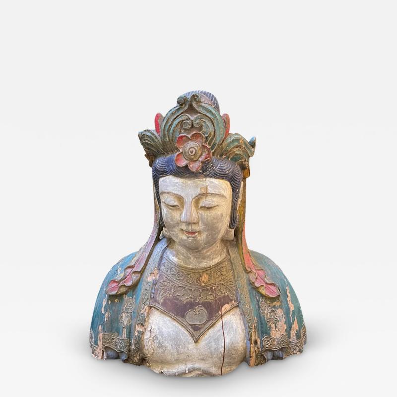 Antique Chinese Polychrome Decorated Carved Wood Bust