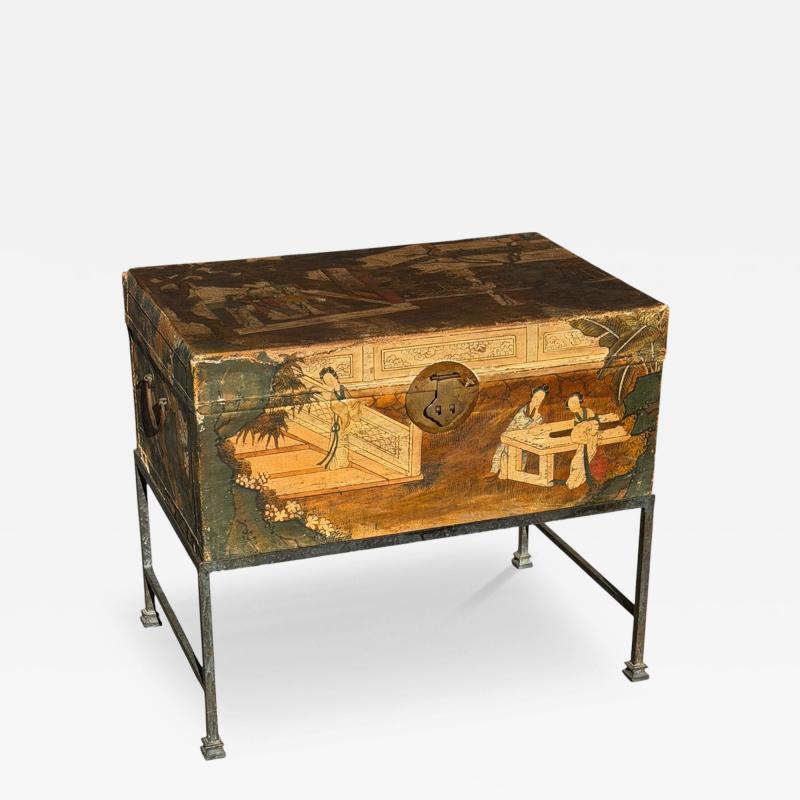 Antique Chinese Polychrome Pigskin Box Chest on Stand