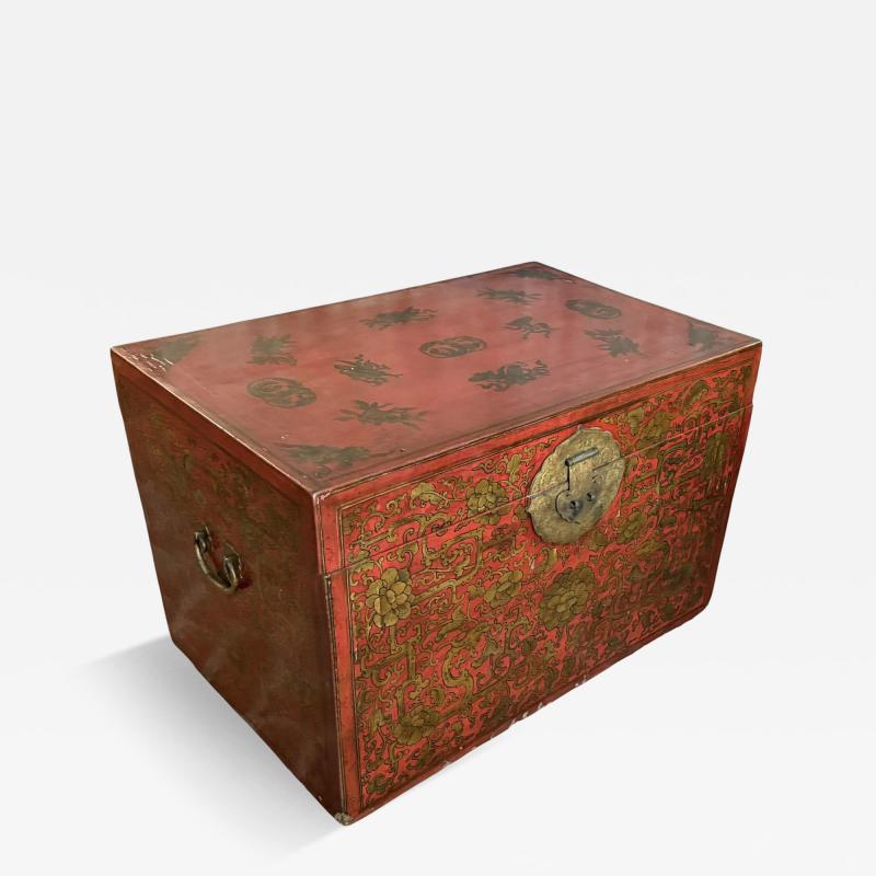 Antique Chinese Red Gold Chinoiserie Trunk Coffee Table