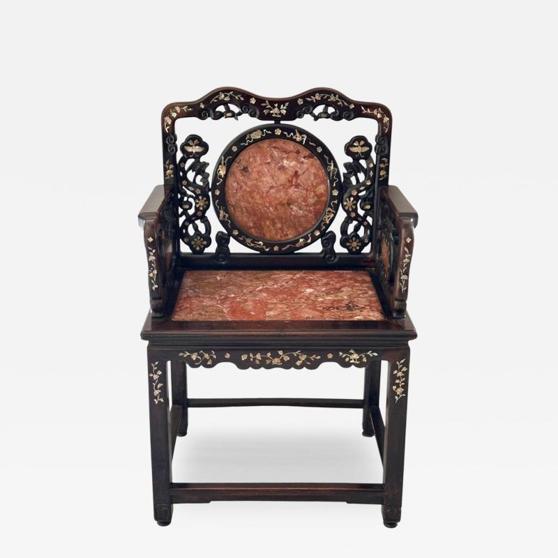Antique Chinese Rosewood Arm Chair W Sienna Marble Mother Pearl Inlay