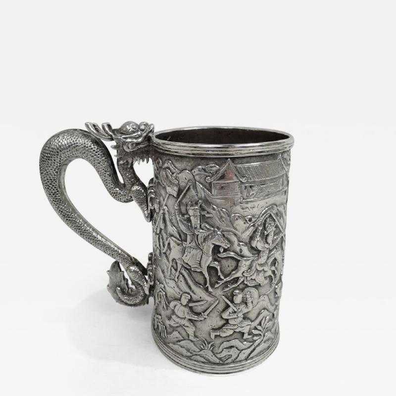Antique Chinese Silver Battle Mug with Dramatic Dragon Handle