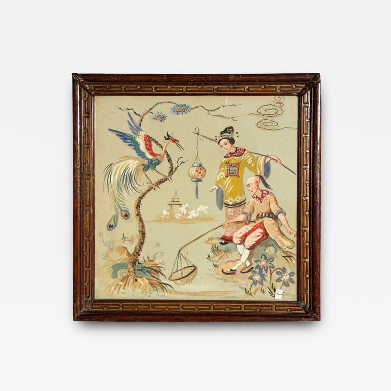 Antique Chinoiserie Gouache Painting in Art Deco Frame