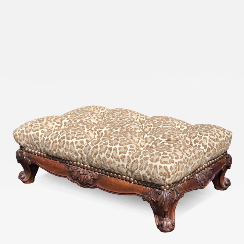 Antique Chippendale Mahogany Tufted Cheetah Velvet Footstool