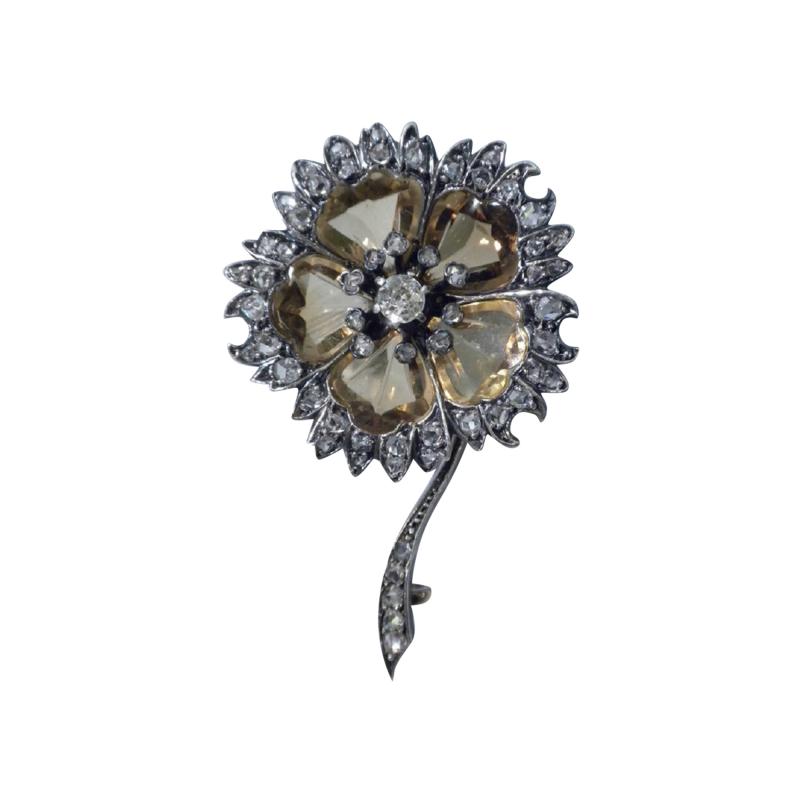 Antique Citrine And Diamond Flower Shaped Brooch 1880