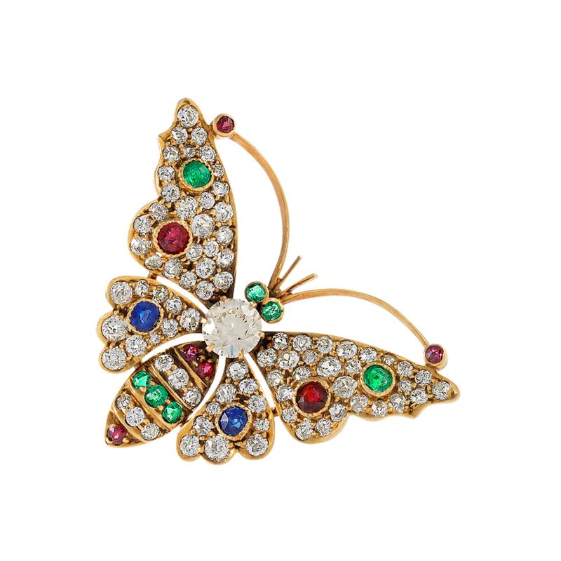 Antique Diamond Emerald Ruby Sapphire and Gold Butterfly Brooch
