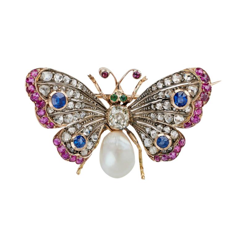 Antique Diamond Pearl and Gem set Butterfly Brooch