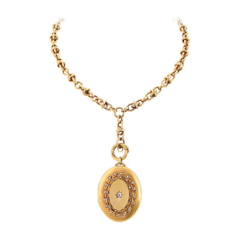 Antique Diamond Pearl and Gold Locket Necklace