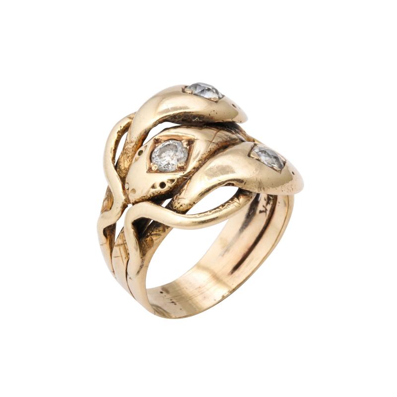 Antique Diamond and Gold Three Headed Snake Ring