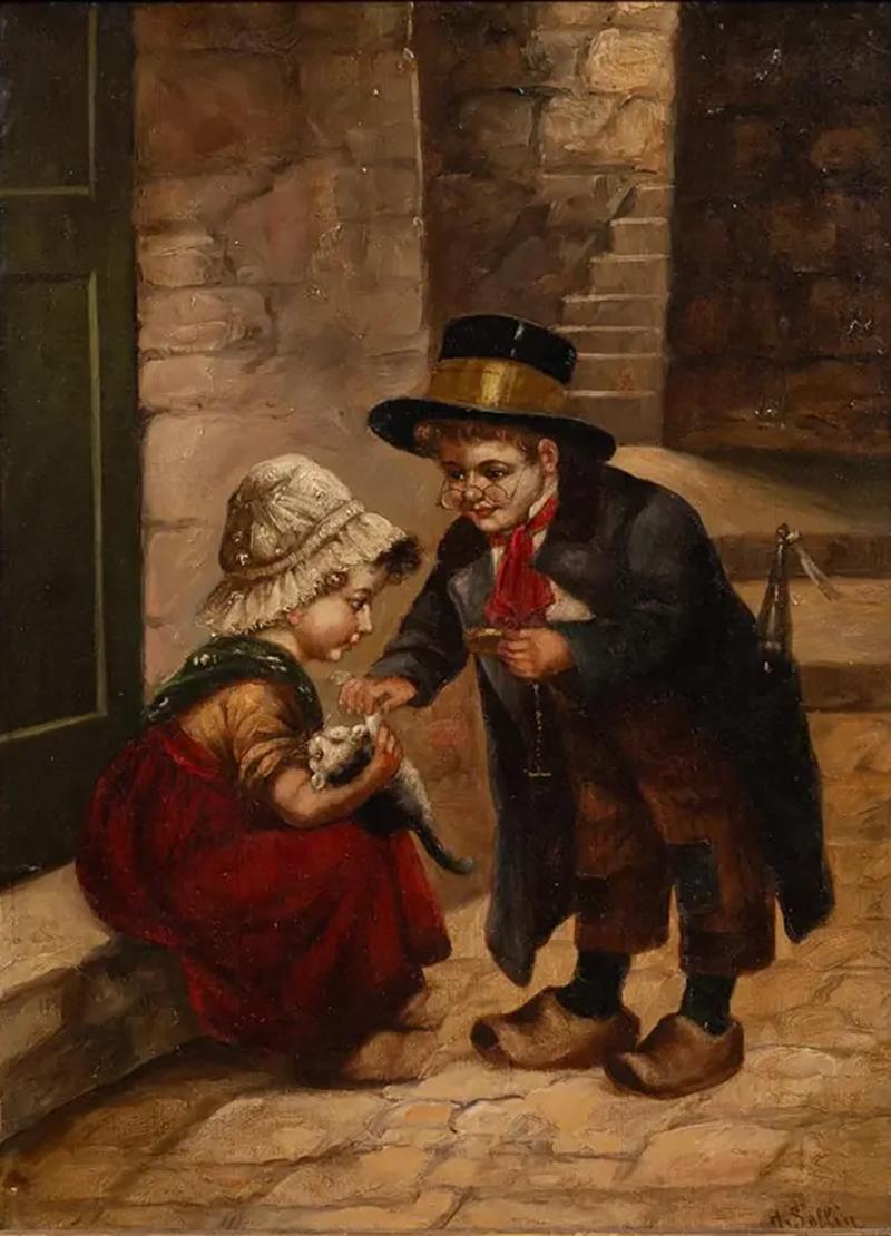 Antique Dutch Style Oil Painting of Children With a Cat by H Sellin