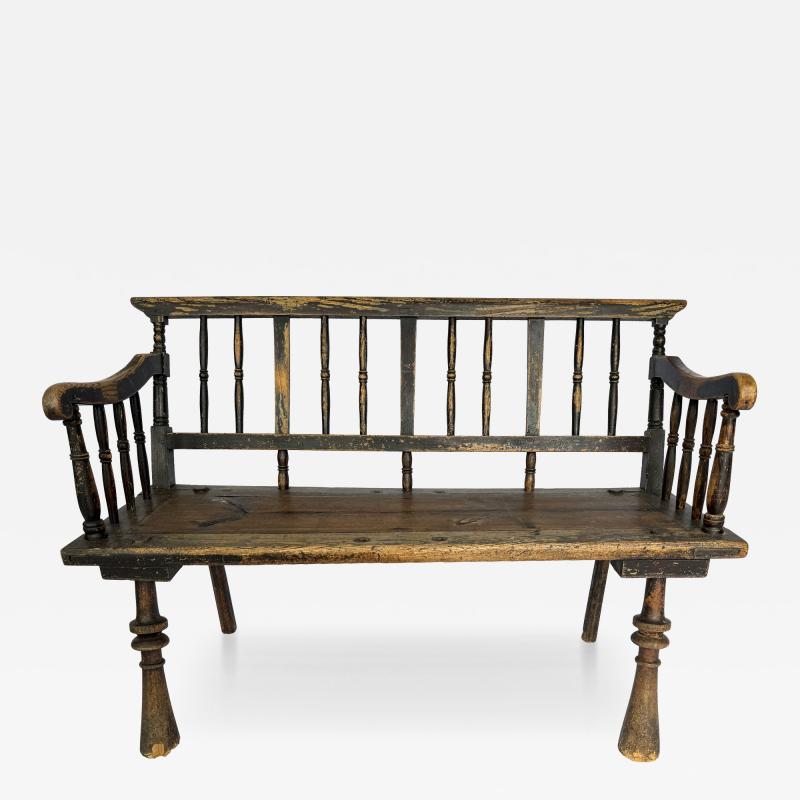 Antique Early American Half Spindle Deacons Bench Mid 19th Century