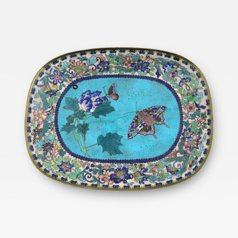 Antique Early Meiji Japanese Cloisonne Enamel White Baby Blue Butterfly Plate