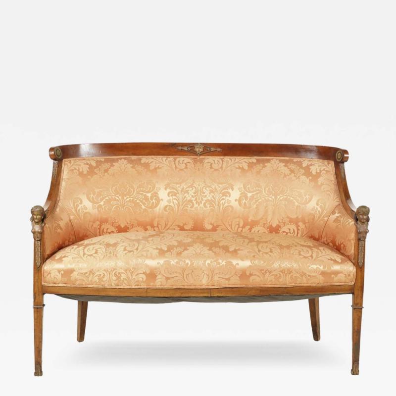 Antique Empire Fruitwood Sofa Settee With Scalamandre Silk Damask Fabric