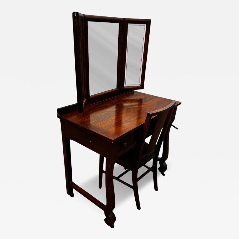 Antique Empire Revival Burl Walnut Tri fold Mirror Vanity and Chair