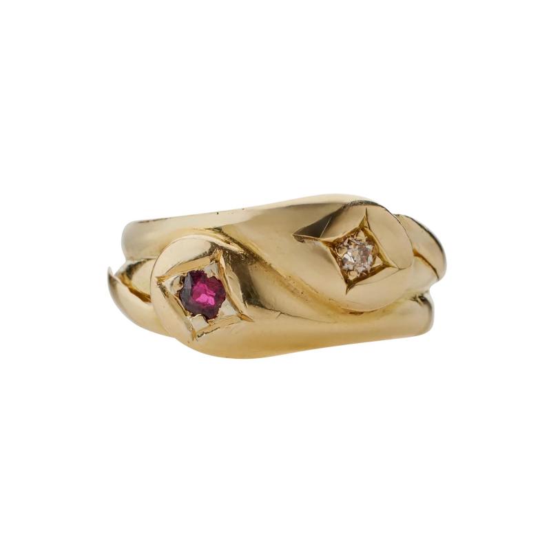 Antique English 18K Gold Diamond and Ruby Double Snake Ring