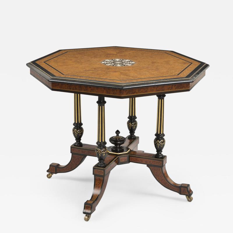 Antique English Burl Elm Ebonized Inlaid Center Table Circa 1860