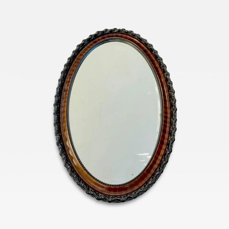 Antique English Edwardian Ebony Macassar Veneer Black Brown Oval Mirror
