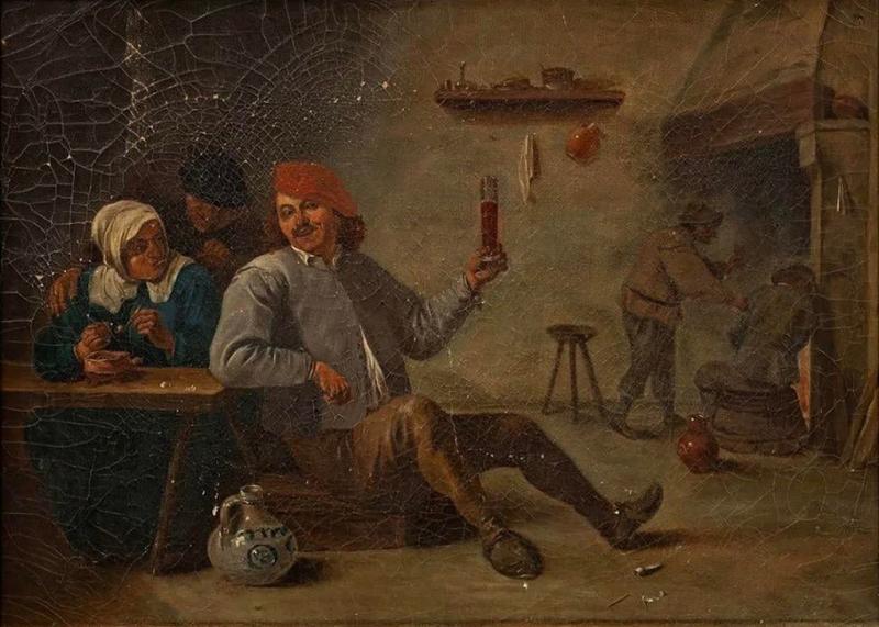 Antique English Interior Tavern Scene Oil Painting