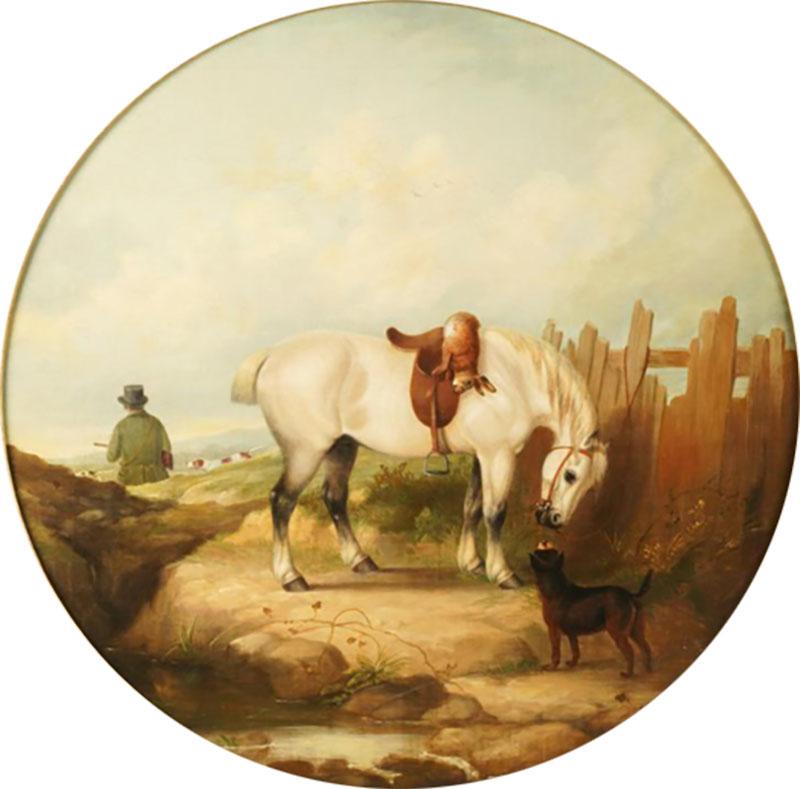 Antique English Oil Painting of a Horse and Dogs