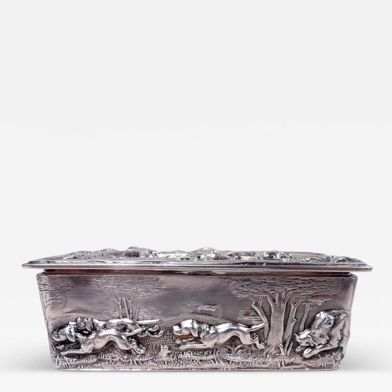 Antique English Victorian Sterling Silver Boar Hunt Snuffbox 1893