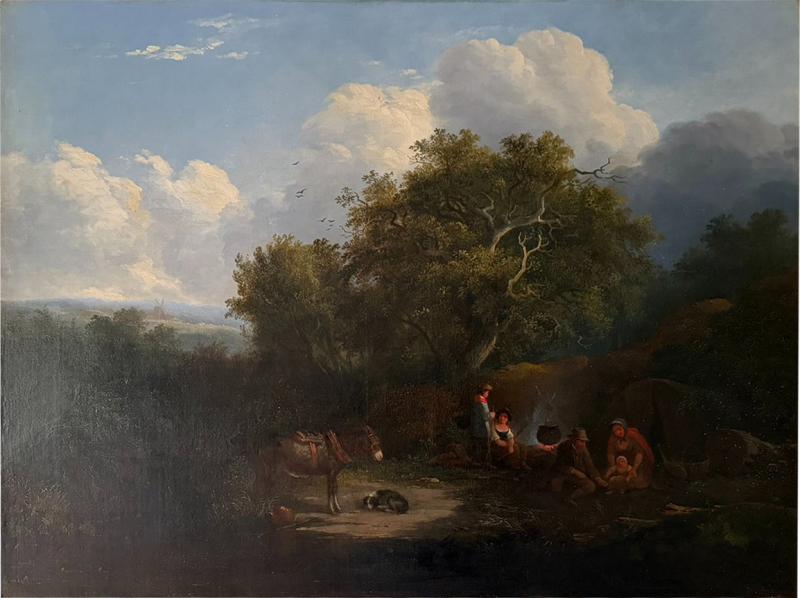 Antique European Landscape Oil Painting of Peasants in a Landscape