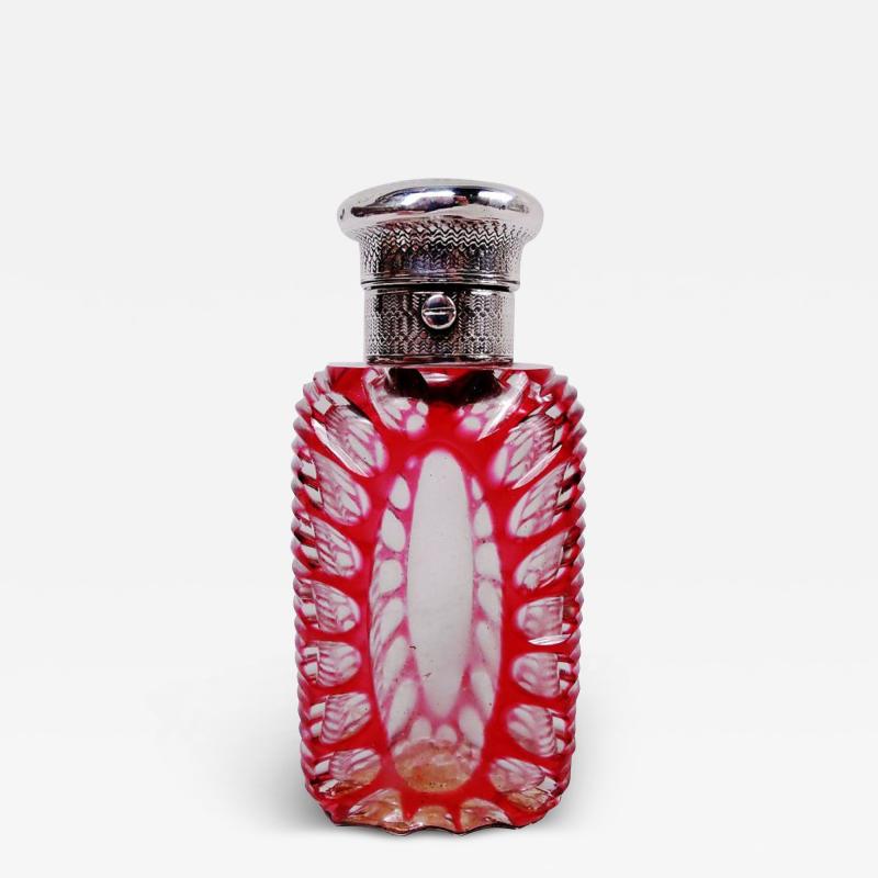 Antique European Silver and Ruby Cut to Clear Glass Perfume