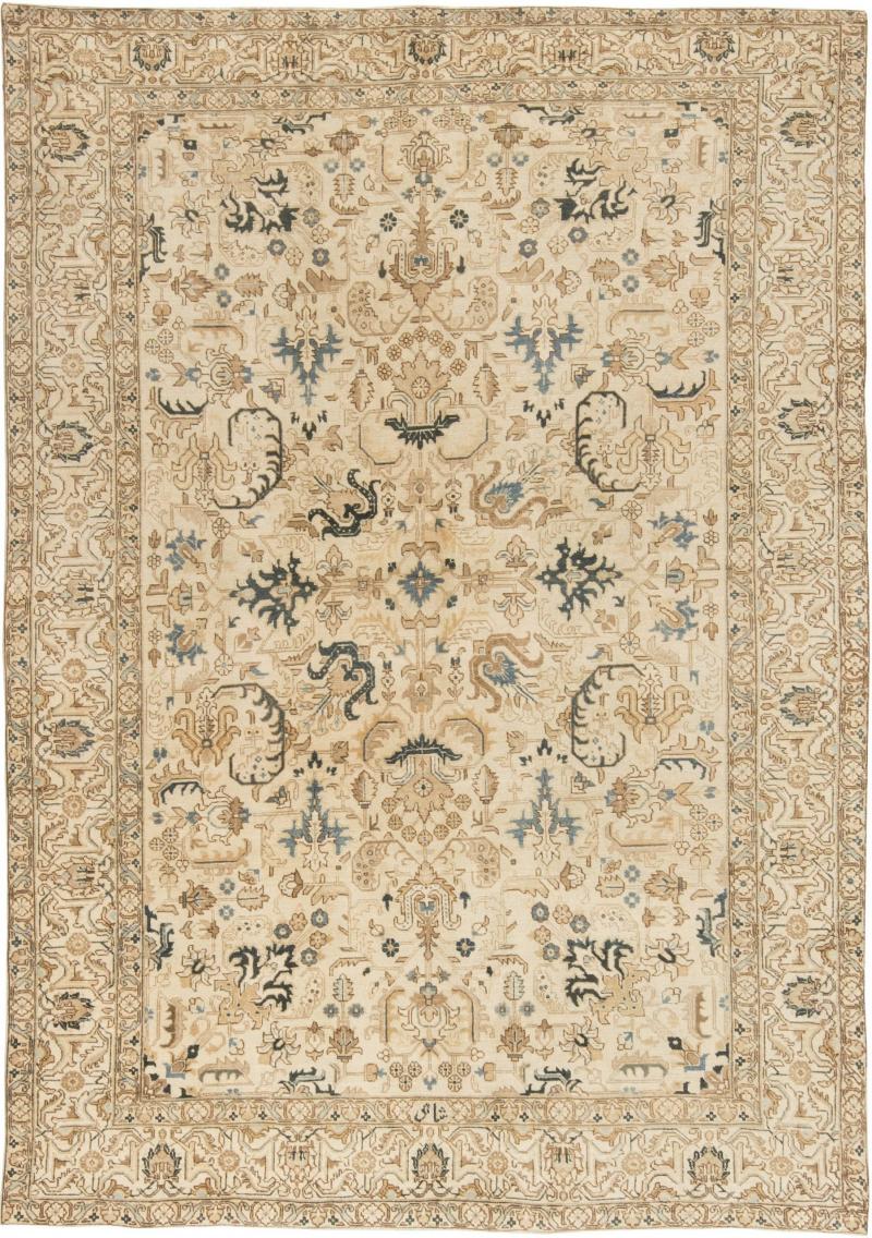 Antique Floral Persian Kirman Camel Light Brown Indigo Blue Handmade Wool Rug