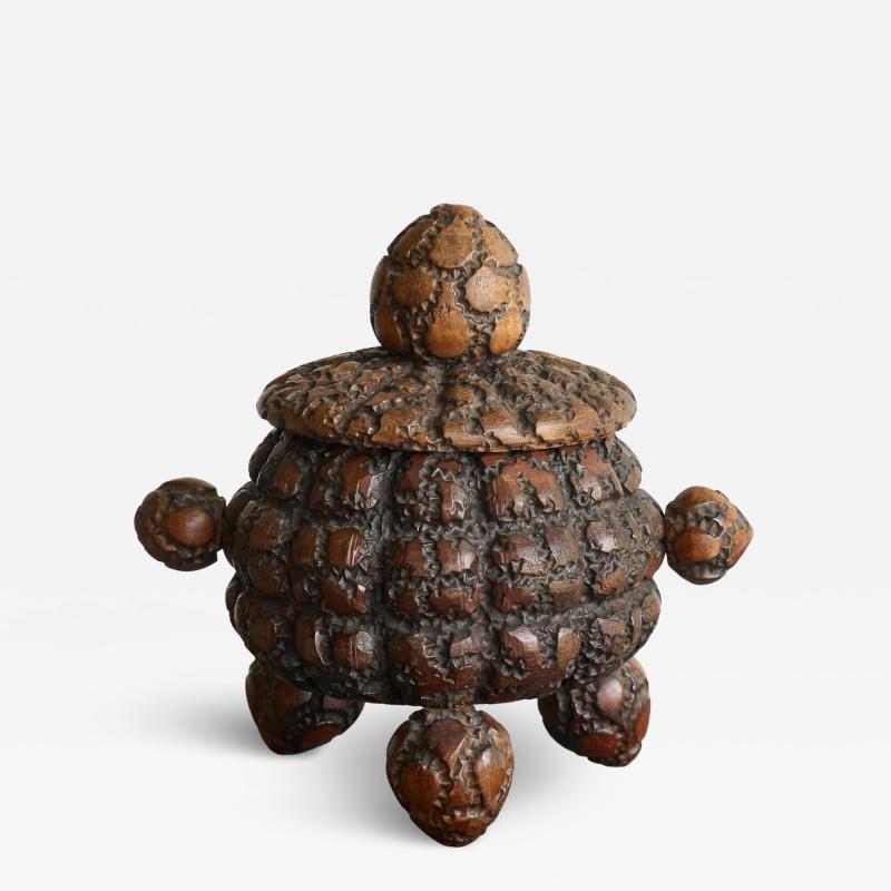 Antique Folk Art Lidded Pot in Carved Wood Early 20th Century