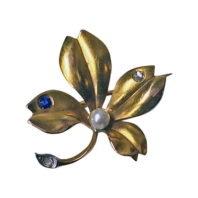 Antique French 18K Sapphire Diamond and Pearl Brooch France C 1900