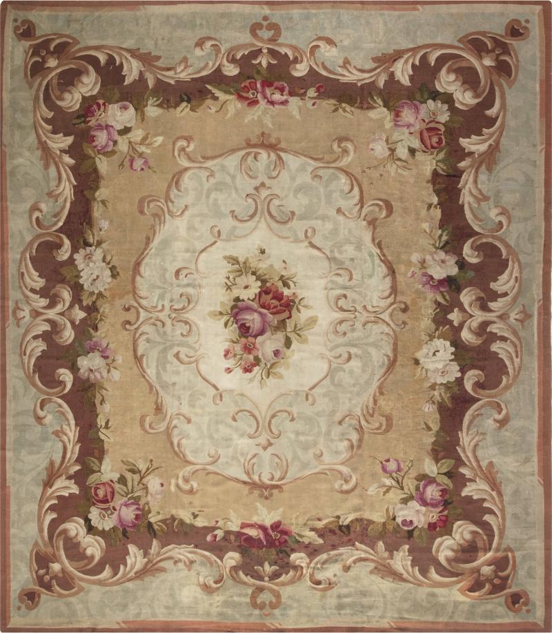 Antique French Aubusson Floral Handwoven Wool Rug
