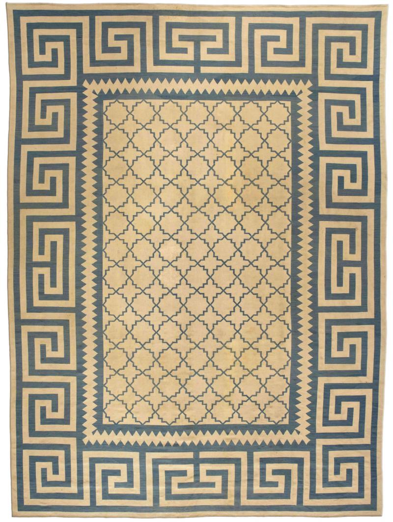 Antique French Aubusson Geometric Beige Handmade Wool Rug