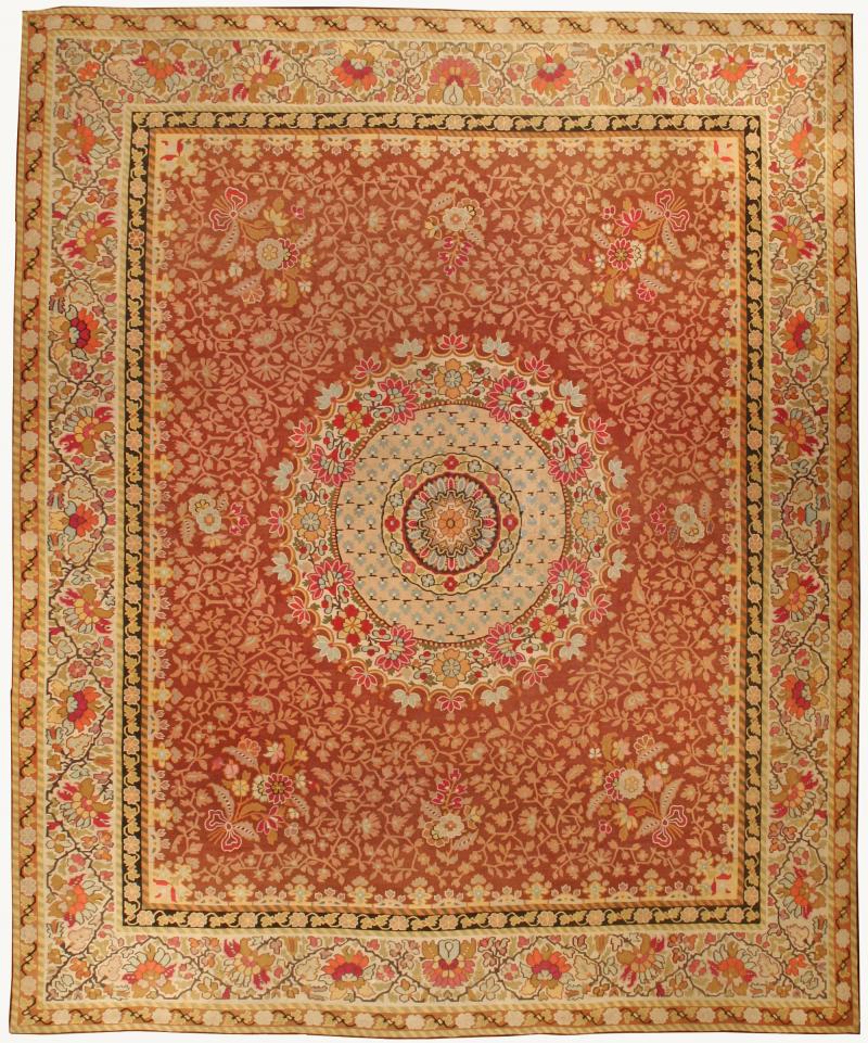 Antique French Aubusson Red Botanic Handmade Wool Rug