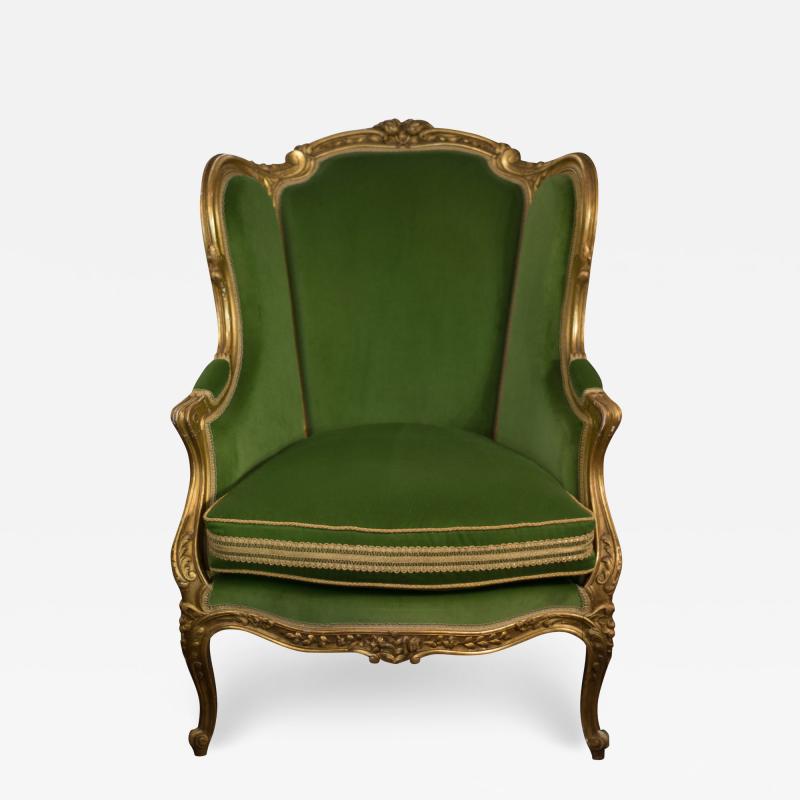 Antique French Berg re Chair Fully Reupholstered and in Green Cotton Velvet