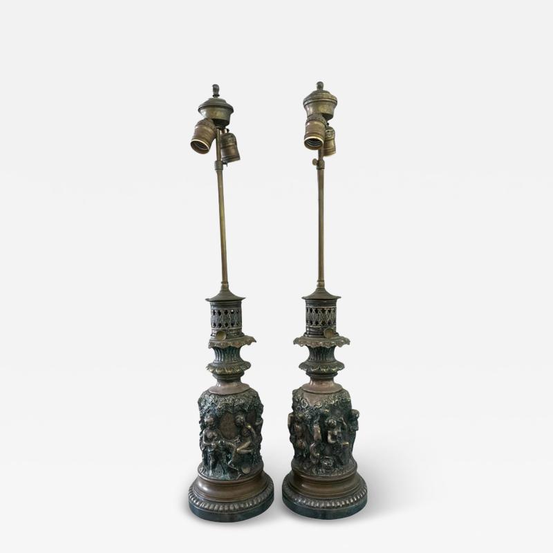 Antique French Bronze Frieze Table Lamps