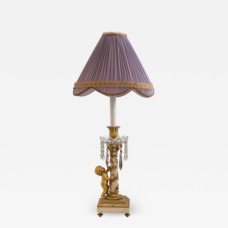 Antique French Bronze and Marble Lamp with Cherub and Purple Amethyst Drops