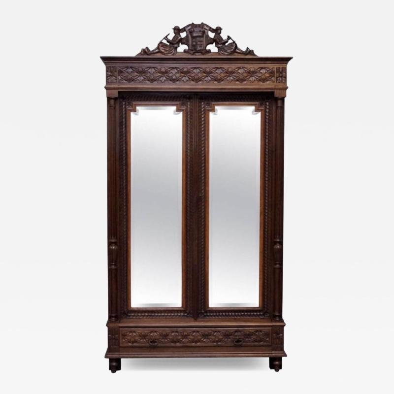 Antique French Carved Oak Breton Mirrored Armoire Linen Press