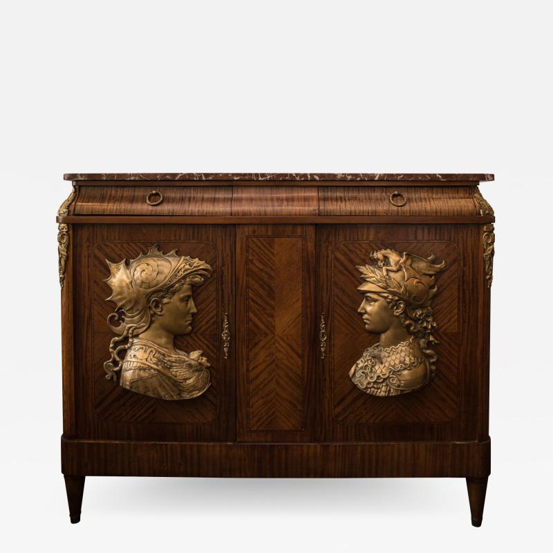 Antique French Commode with Bronze Reliefs and Red Breccia Marble Top