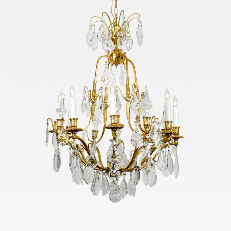 Antique French Cut Crystal Eight Arm Brass Frame Chandelier