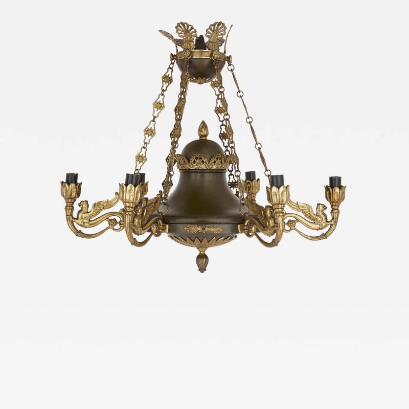 Antique French Empire Style Brown Painted Metal and Gilt Bronze Chandelier