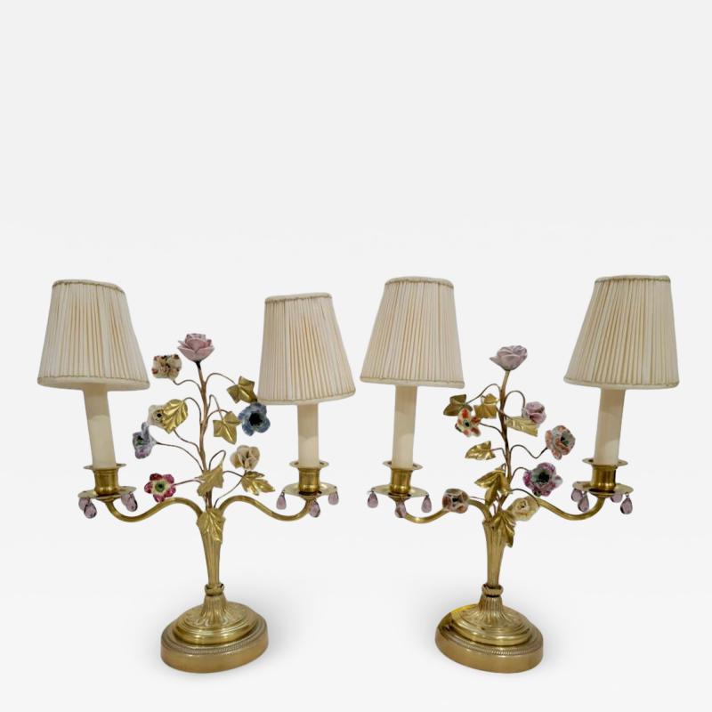 Antique French Gilt Bronze Enamel Floral Table Lamps