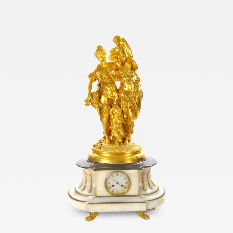 Antique French Gilt Bronze Ormolu Mounted Onyx Figural Mantel Clock Circa 1815
