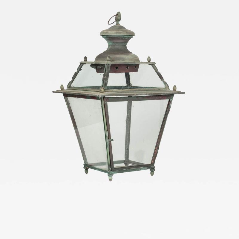 Antique French Glass Paneled Copper Lantern