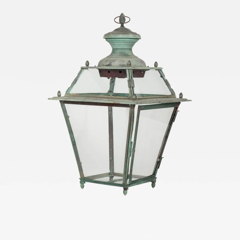 Antique French Glass Paneled Copper Lantern