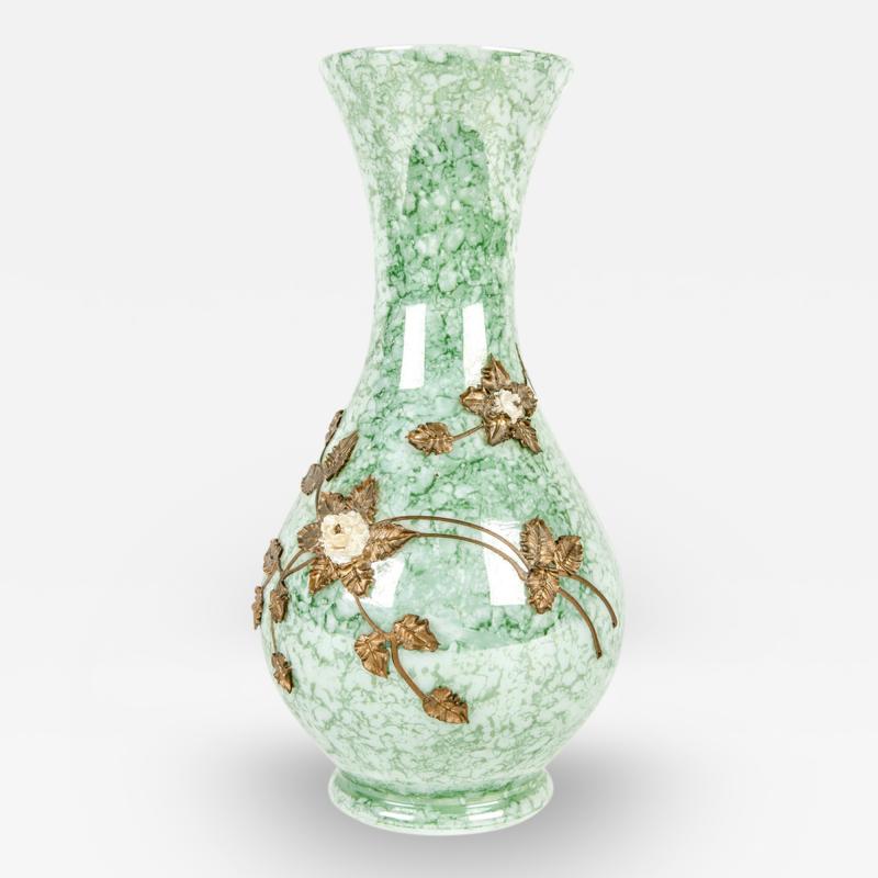 Antique French Glazed with Inlaid Brass Flower Design Vase