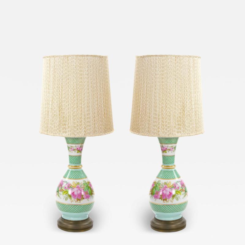 Antique French Hand Painted Porcelain Table Lamps with Gilt Gold Brass Base