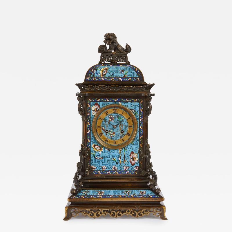 Antique French Japonisme mantel clock with floral champlev enamel