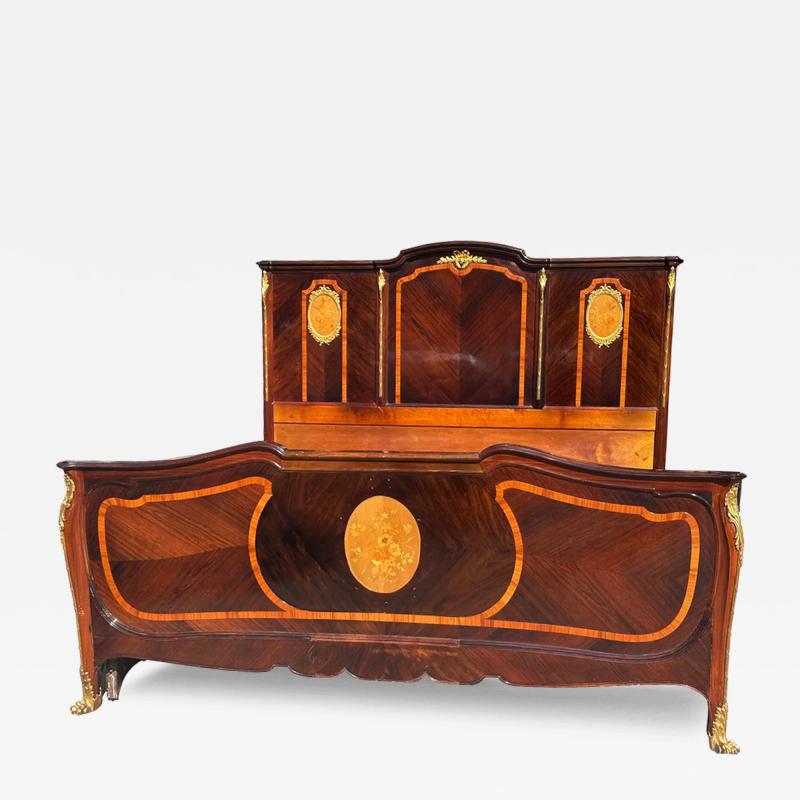 Antique French Louis XV Style Rosewood Satinwood Inlaid King Bed Frame