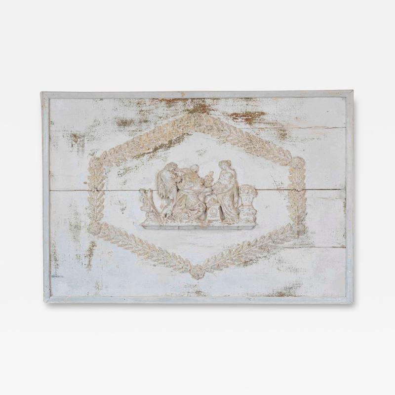 Antique French Neoclassical Painted Wooden Panel with Figural Relief
